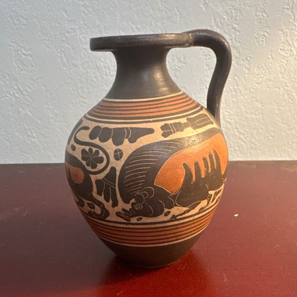 Vintage Orvieto Italy Etruscan Black Figure Pottery Pitcher.